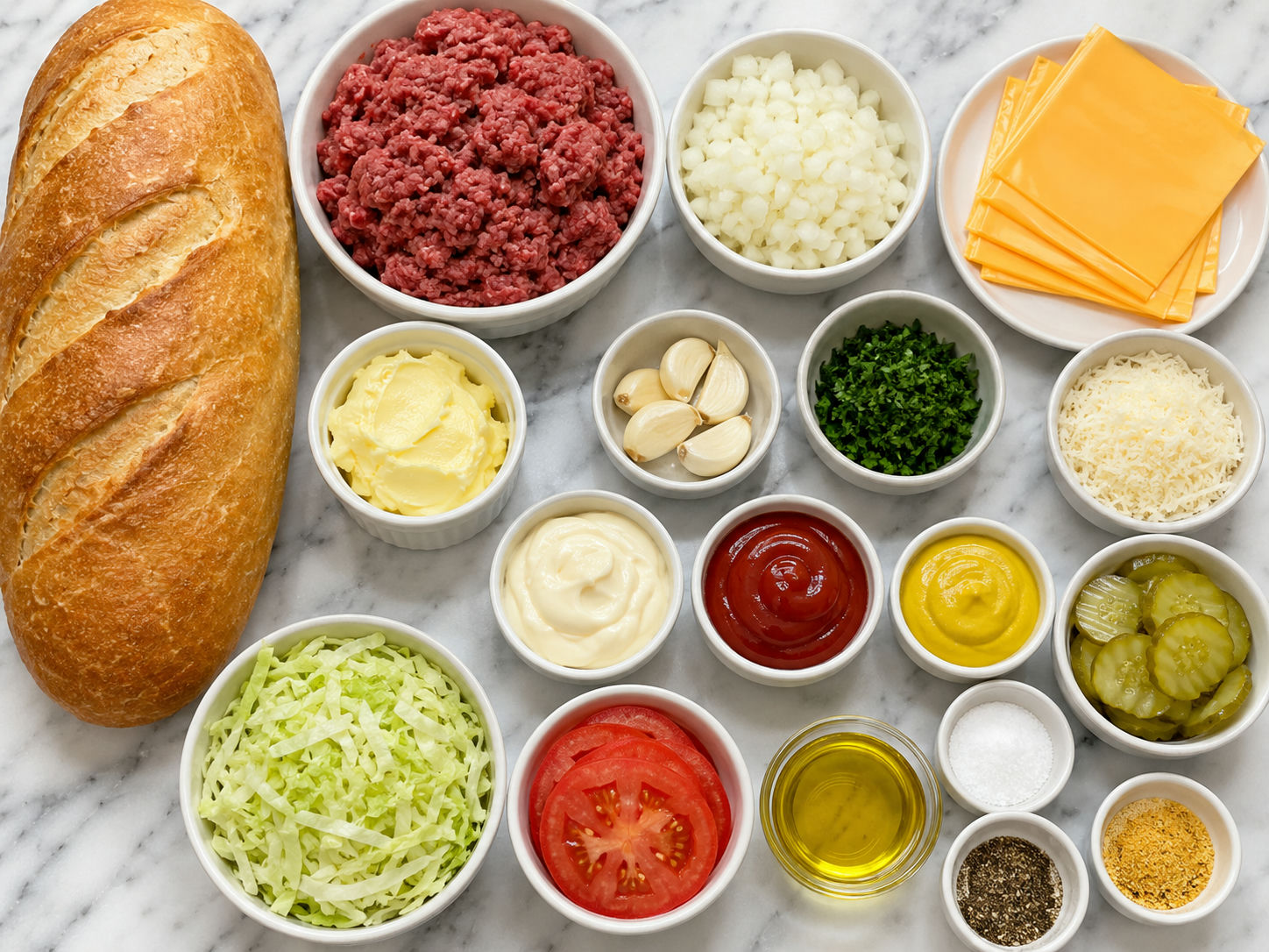 Ingredients for chopped cheese garlic bread on a wooden surface