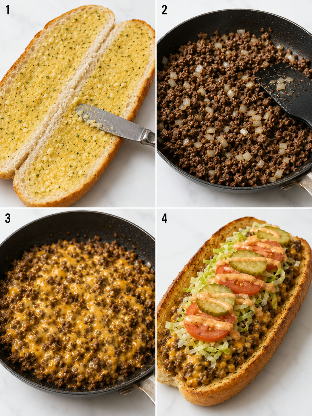 Four cooking steps for chopped cheese garlic bread