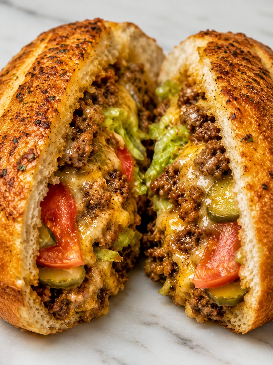Sliced chopped cheese garlic bread packed with beef and melted cheese