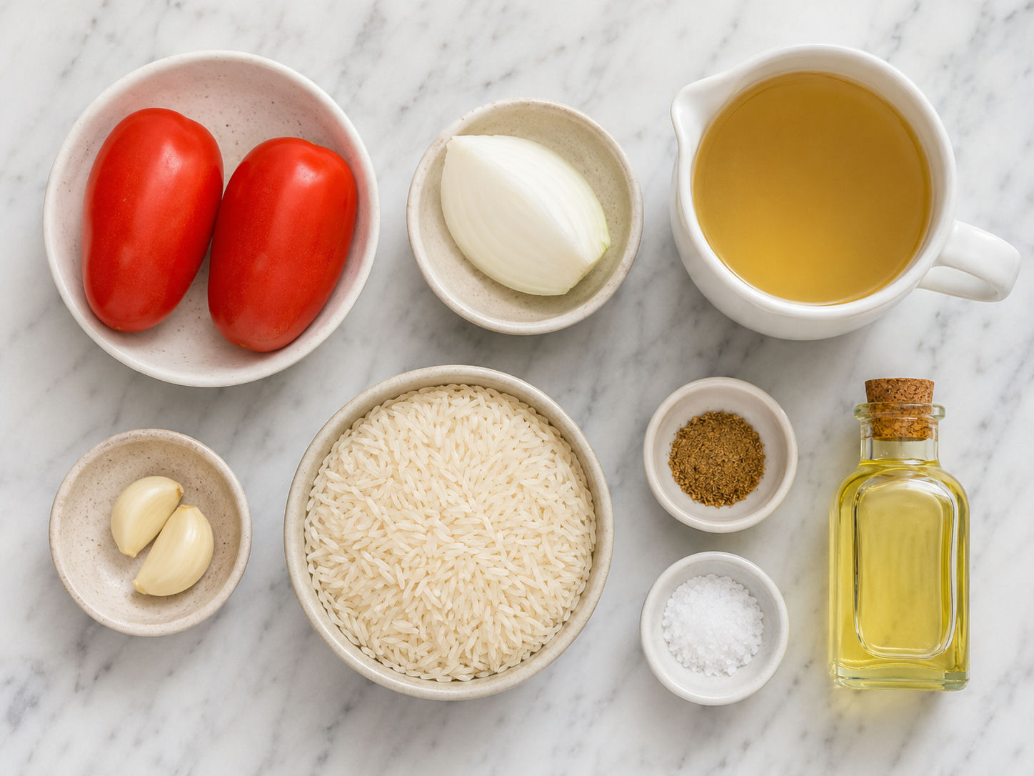 Raw ingredients for Mexican red rice including roma tomatoes, rice, garlic, onion, and broth on a wooden surface