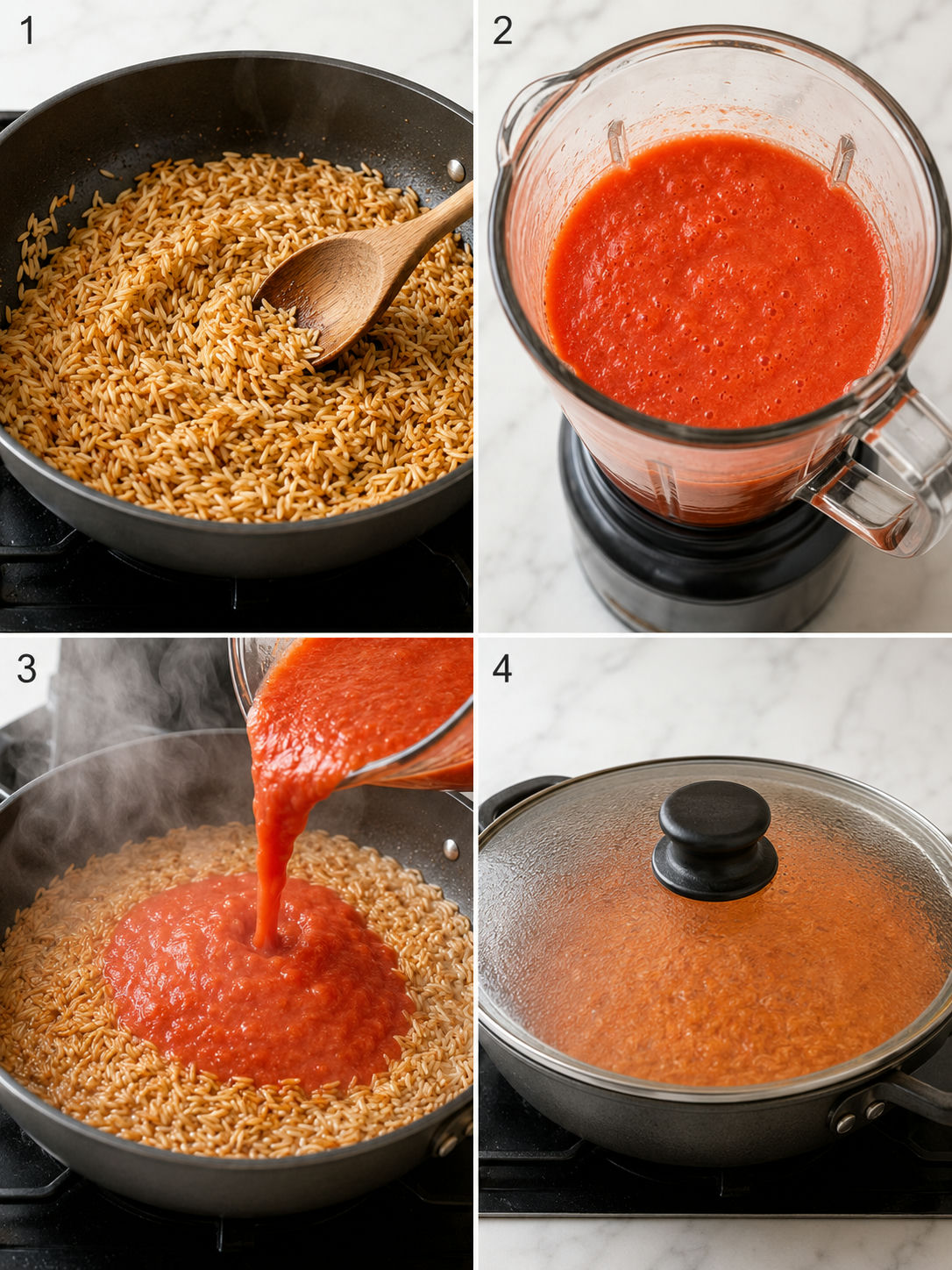 Four cooking steps for arroz rojo from toasting rice to blending tomatoes to covering the pan to steam