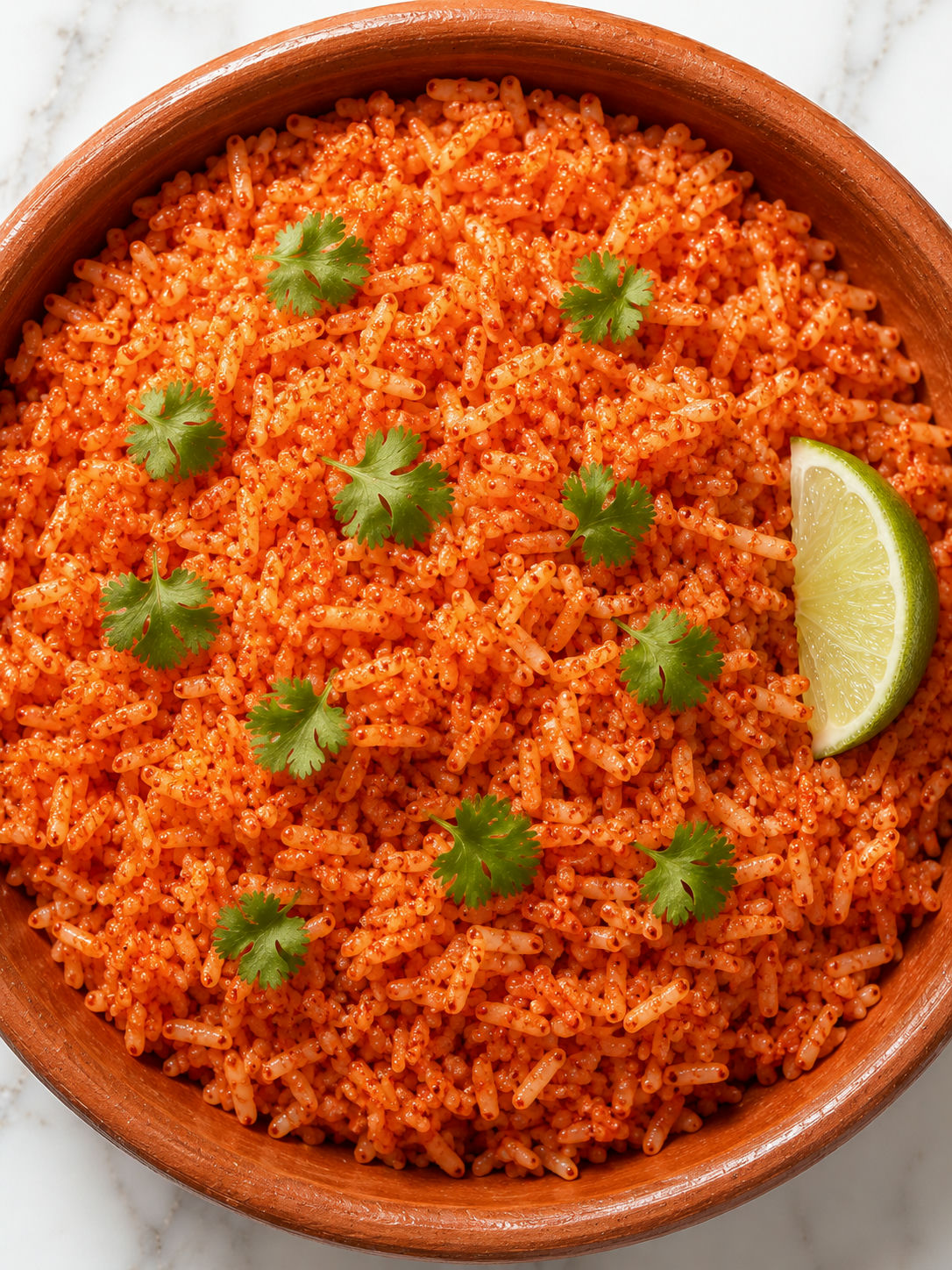 Overhead view of fluffy Mexican red rice arroz rojo with cilantro and lime