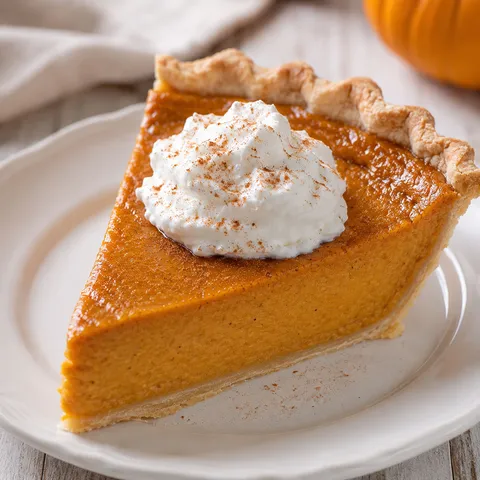 Classic pumpkin pie slice with whipped cream on a white plate
