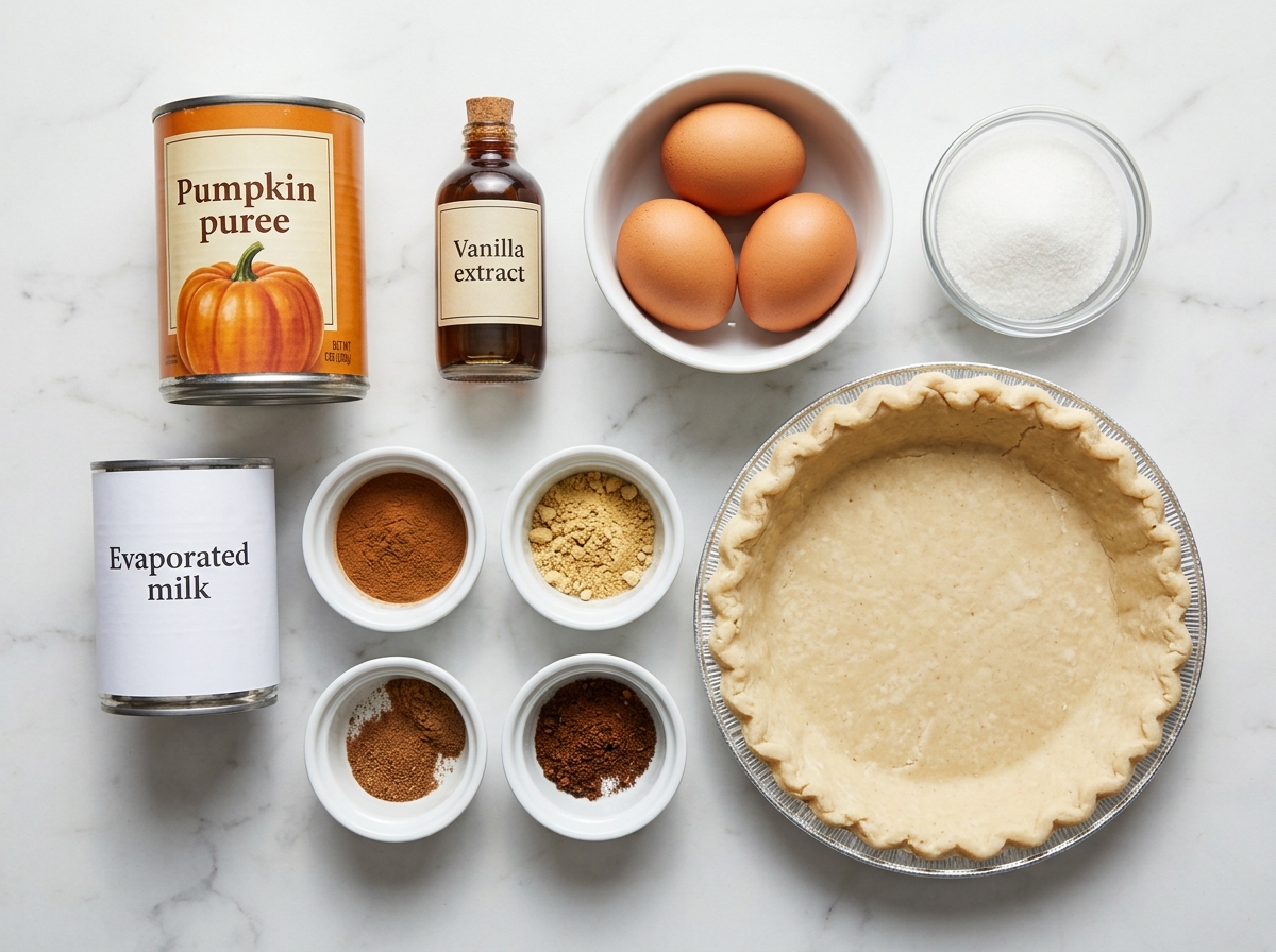 Raw ingredients for pumpkin pie on a wooden surface