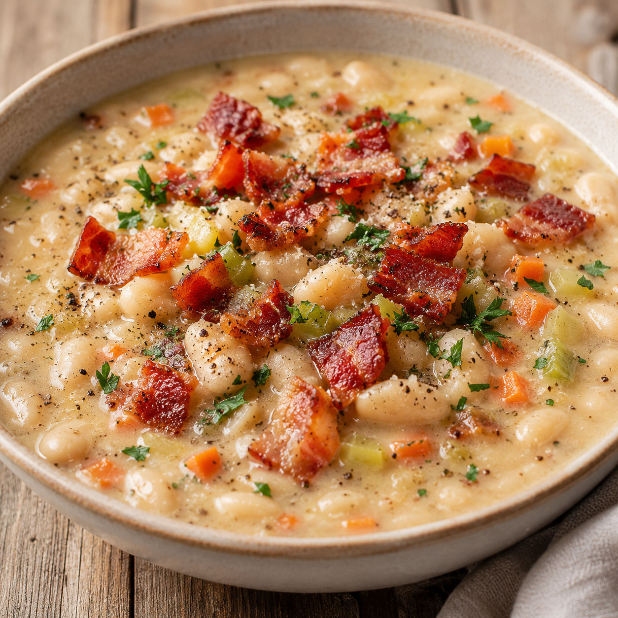 White bean soup with bacon, parsley, carrots, and creamy broth