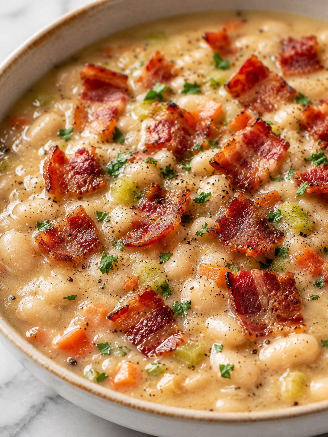 White Bean Soup With Bacon, plated and served