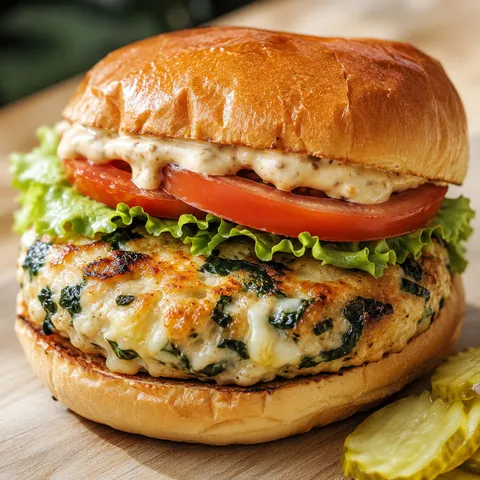 White cheddar spinach chicken burger with lettuce and tomato on a toasted bun