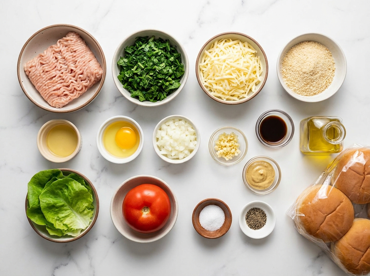 Ingredients for white cheddar spinach chicken burgers on a wooden surface