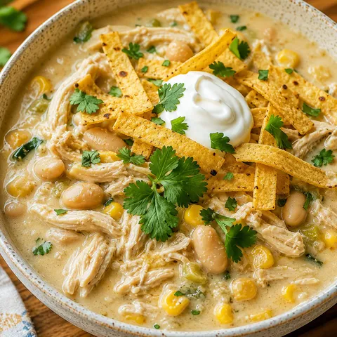 Creamy white chicken chili with beans and cilantro in a ceramic bowl
