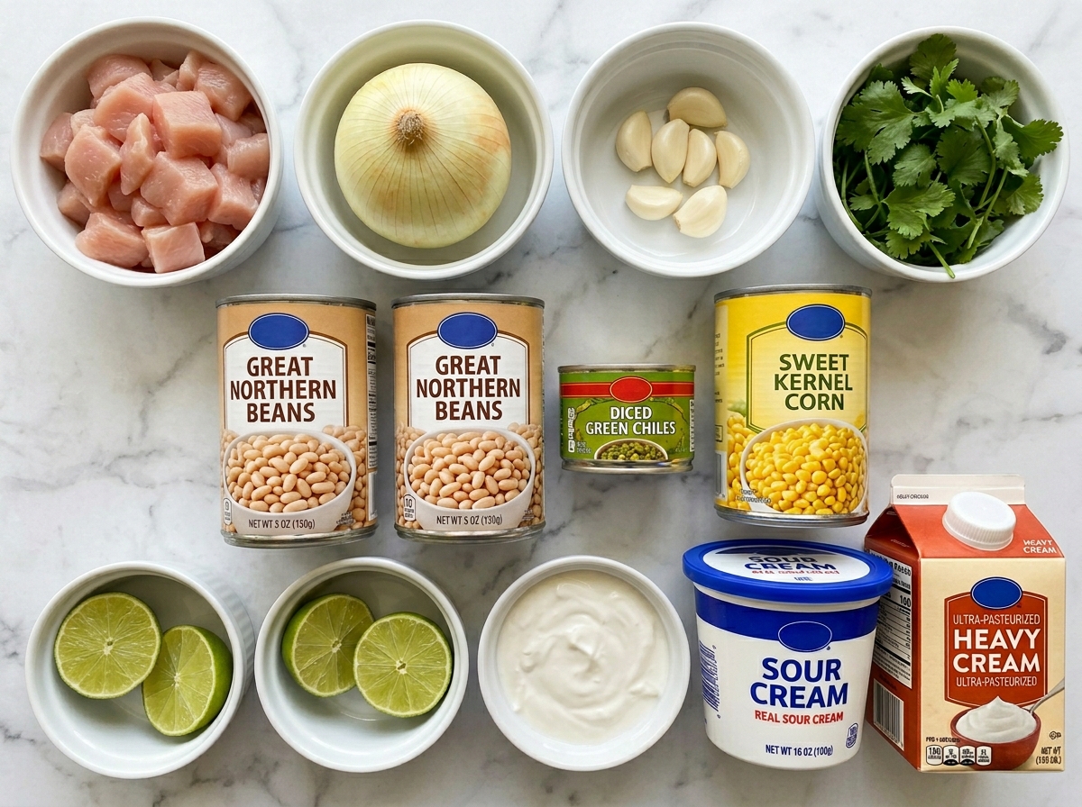 Raw chicken, white beans, green chiles, and corn on a wooden board