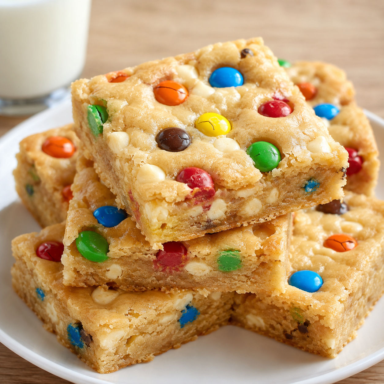 White chocolate brownie squares topped with colorful M&M's