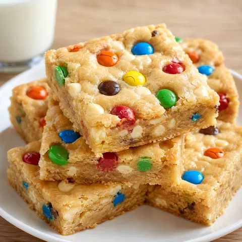White chocolate brownie squares topped with colorful M&M's