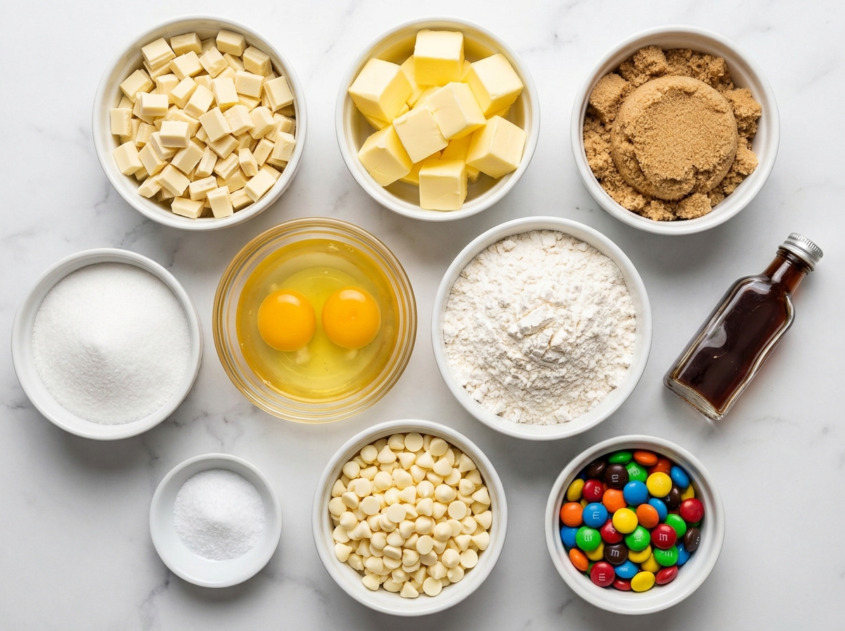 Ingredients for white chocolate brownies with M&M's on a wooden surface