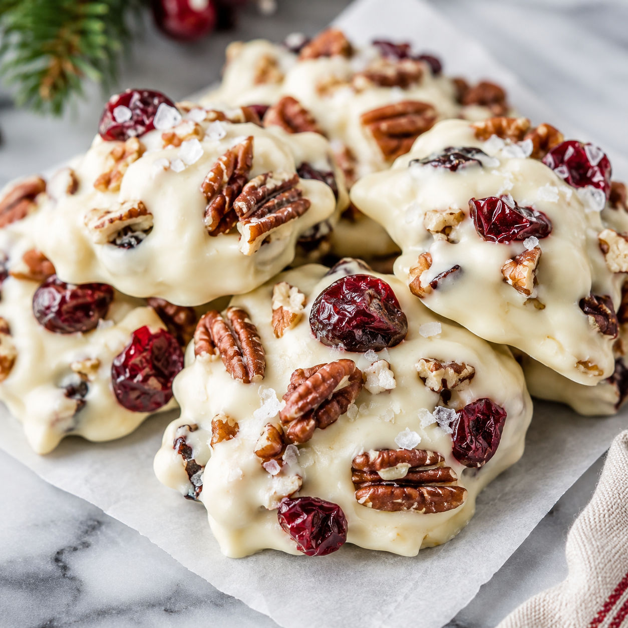 White chocolate cranberry pecan clusters with toasted pecans and dried cranberries