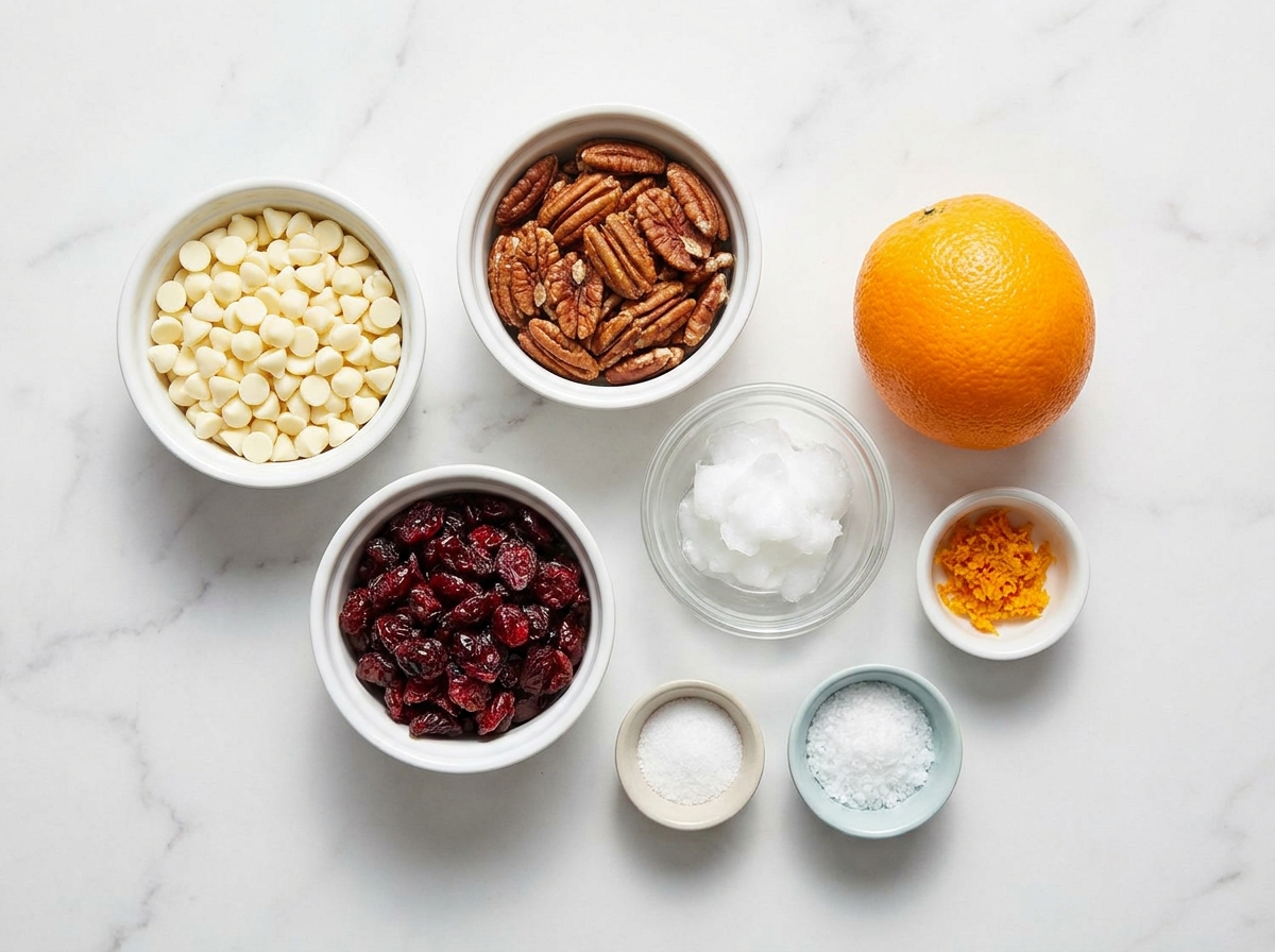 White chocolate chips, cranberries, pecans, orange zest, coconut oil, and salt