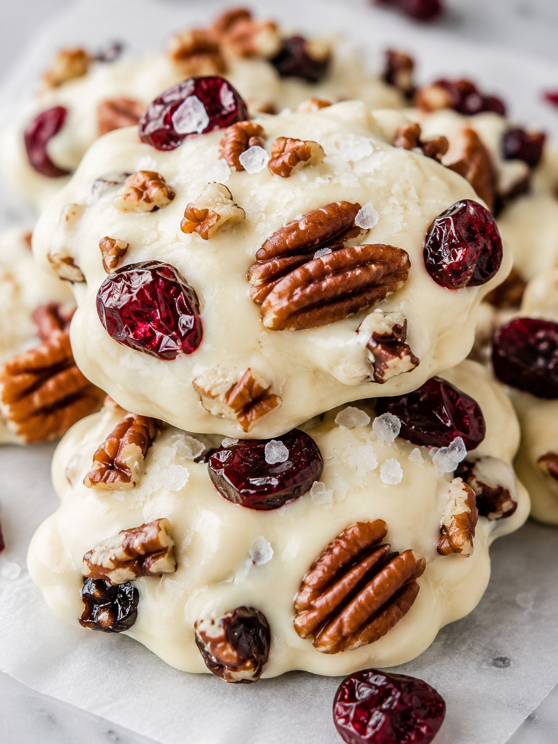 White Chocolate Cranberry Pecan Clusters, plated and served