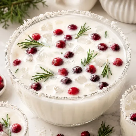 White Christmas Punch with cranberries and rosemary in a glass bowl