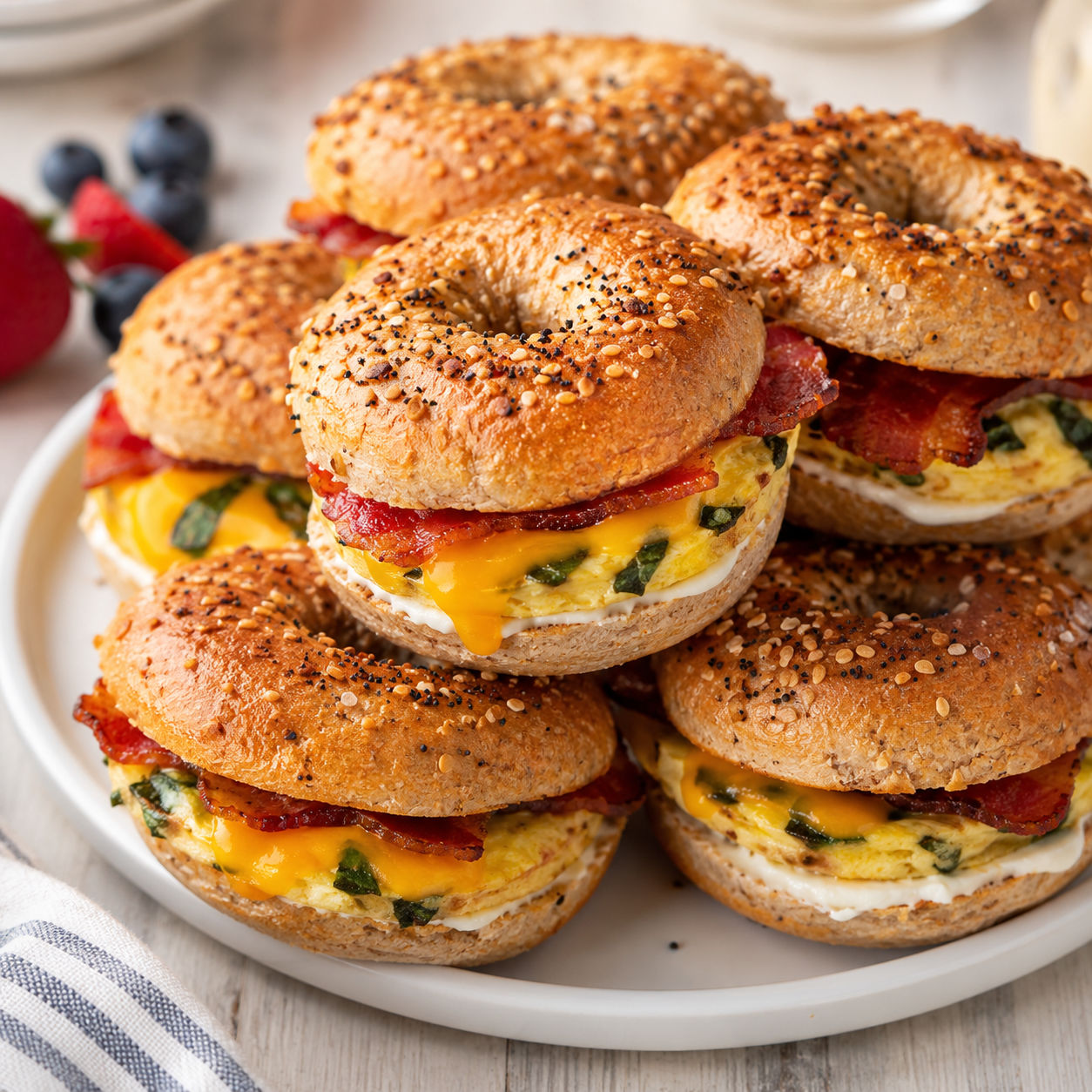 Bagel breakfast sliders with egg, spinach, turkey bacon, and cheddar