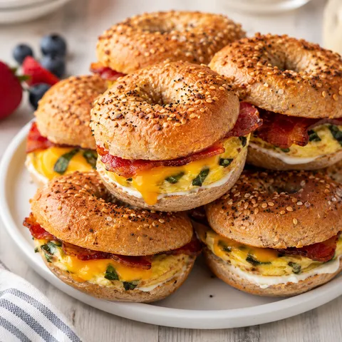 Bagel breakfast sliders with egg, spinach, turkey bacon, and cheddar