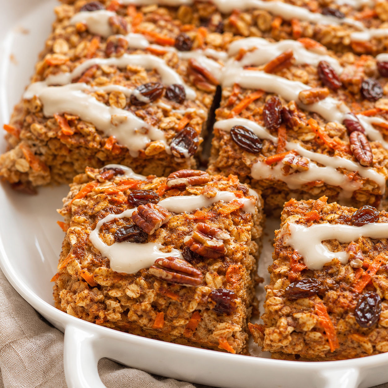 Carrot cake baked oatmeal squares with pecans and maple yogurt drizzle