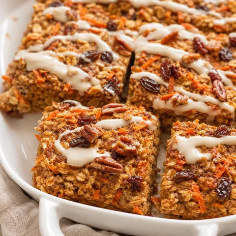 Carrot cake baked oatmeal squares with pecans and maple yogurt drizzle