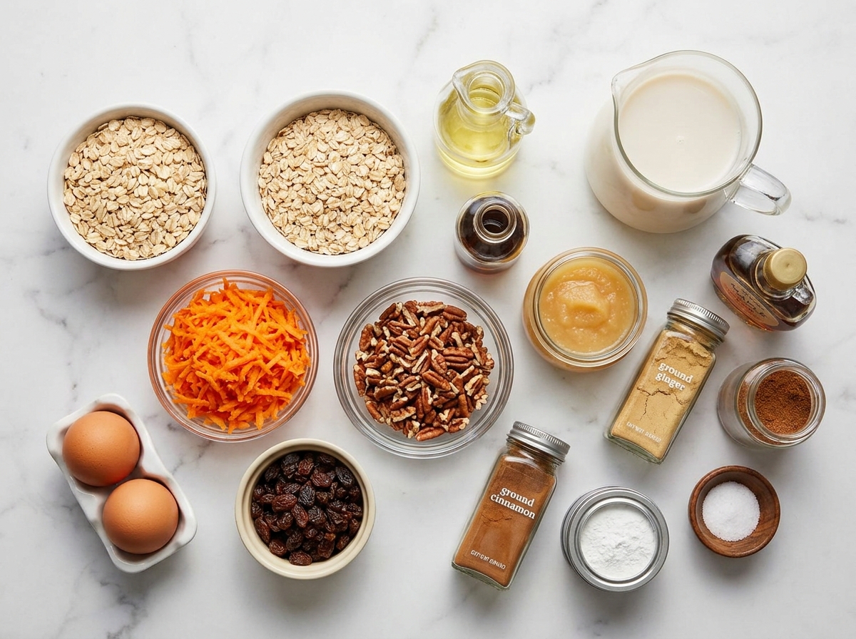 Ingredients for carrot cake baked oatmeal with carrots, oats, pecans, and spices