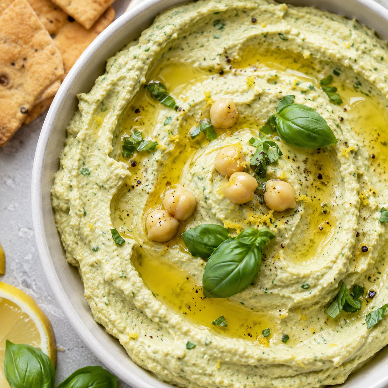 Lemon basil hummus with olive oil, basil, lemon zest, and chickpeas