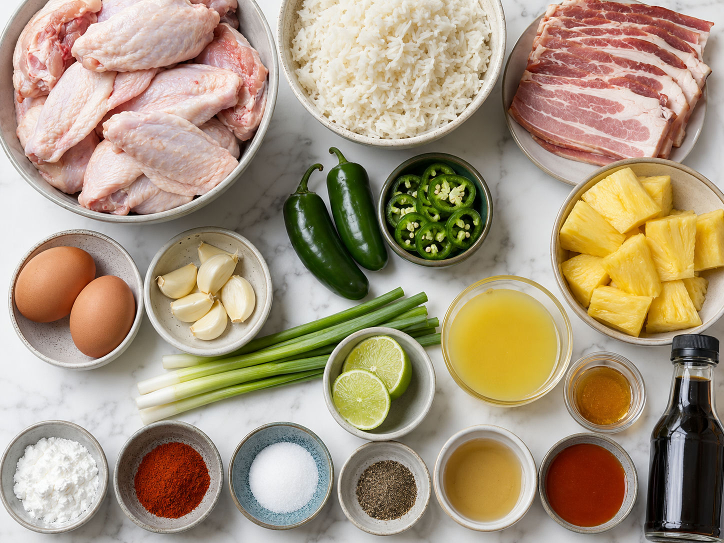 Ingredients for pineapple jalapeño wings with bacon fried rice