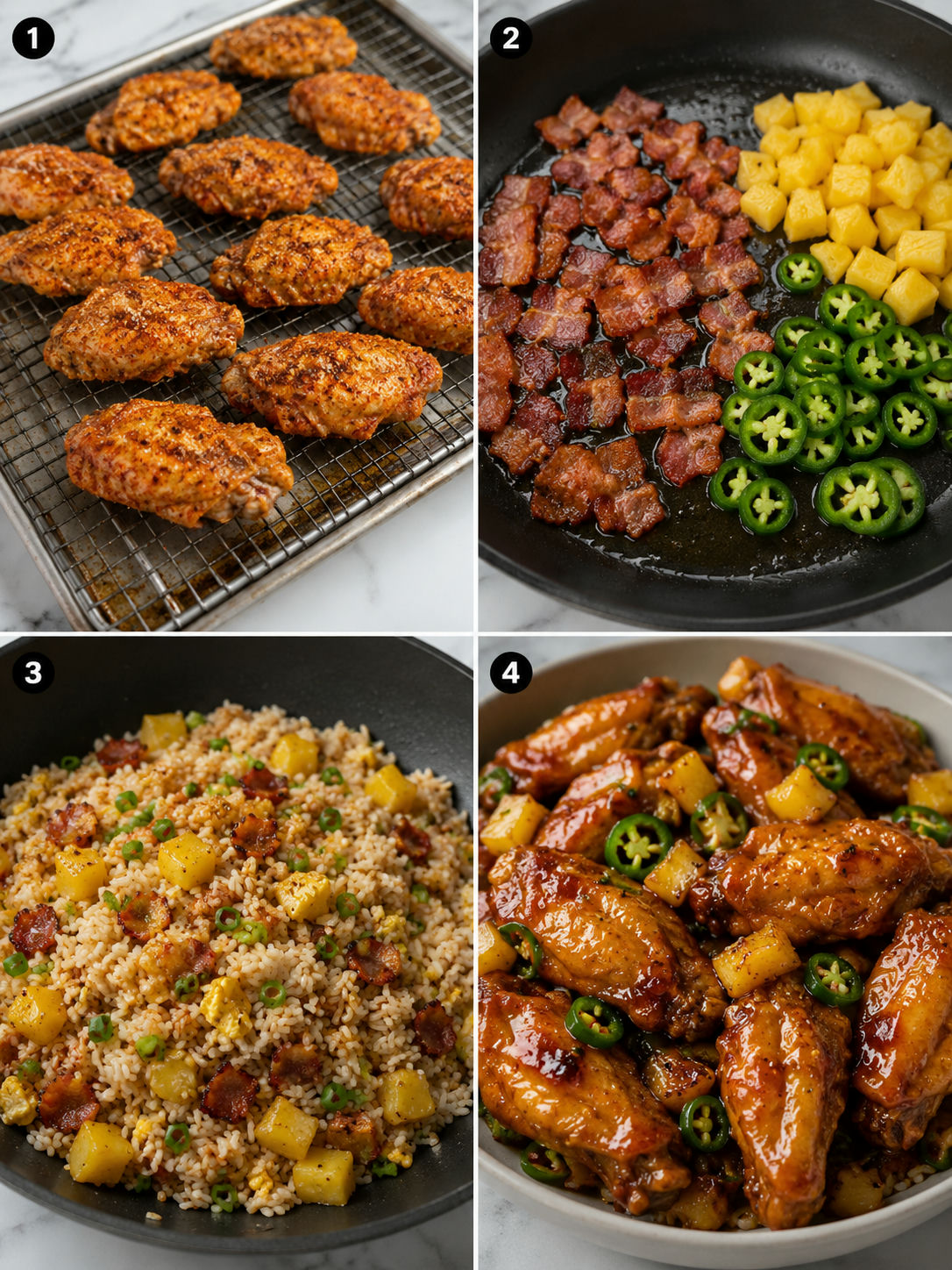 Steps for baking wings and making bacon pineapple fried rice
