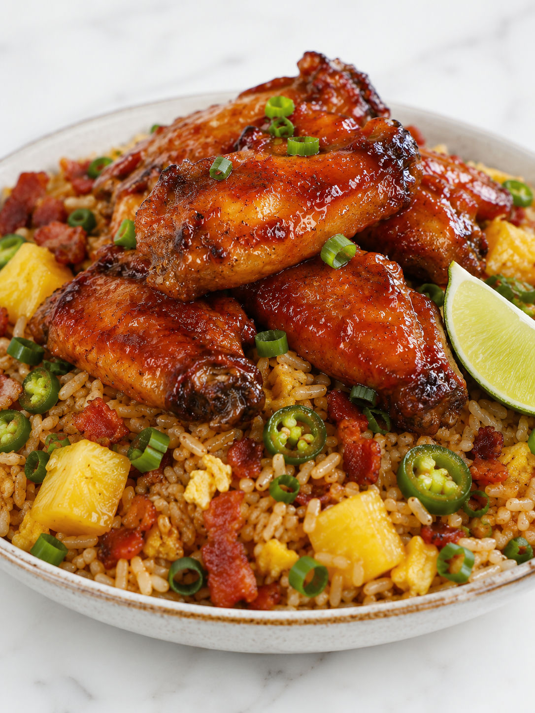 Sticky glazed wings over bacon pineapple jalapeño rice