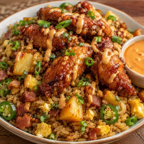 Saucy chicken wings over bacon jalapeno pineapple fried rice
