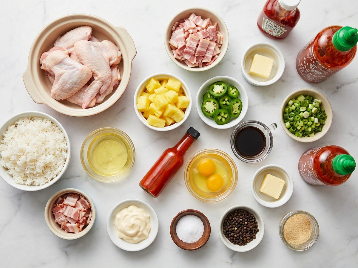 Ingredients for wings with bacon jalapeno pineapple fried rice