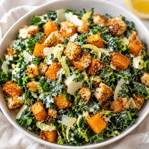 Winter Caesar salad with roasted squash, parmesan, and Dijon breadcrumbs