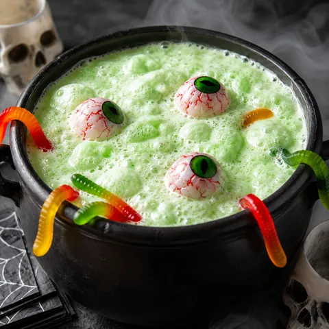 Green Witch's Brew Punch with lime sherbet foam and gummy worms