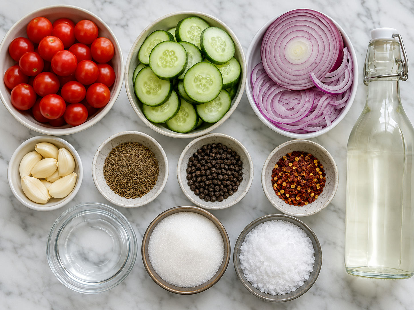 Ingredients for pickled tomatoes, cucumber, and red onion