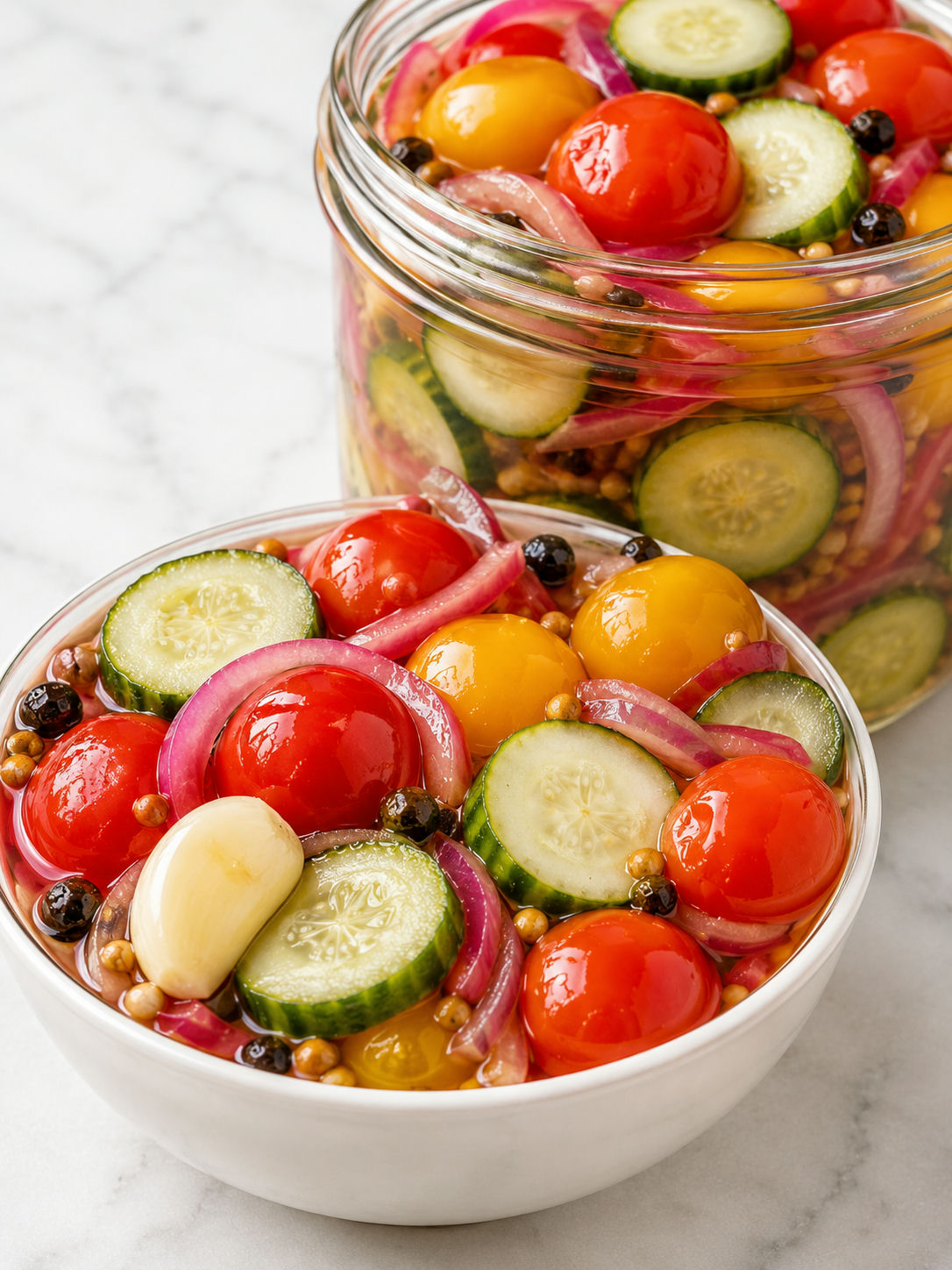 Bowl of pickled cherry tomatoes, cucumbers, and red onions