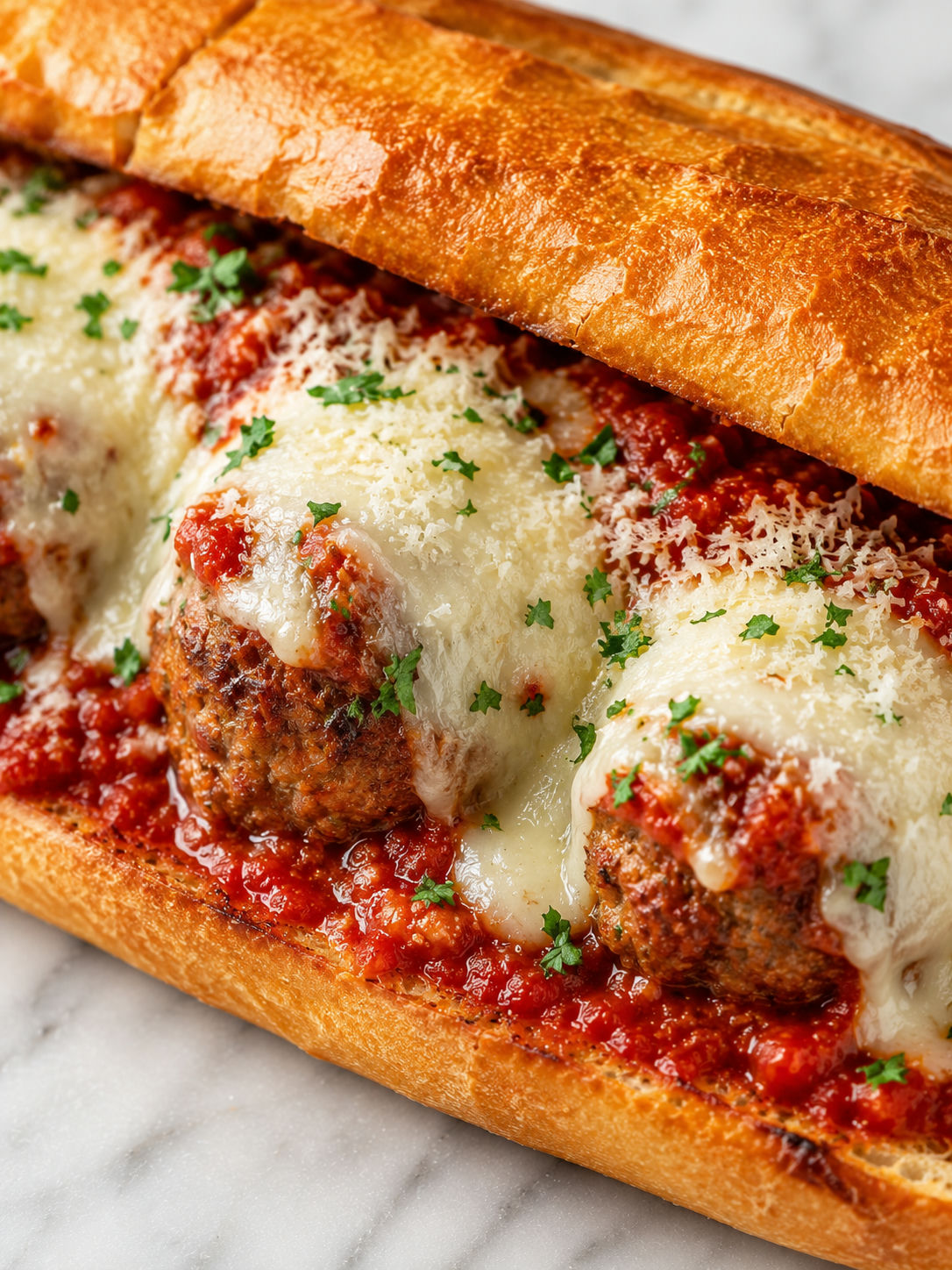 Saucy giant meatball sub with melted provolone and toasted bread