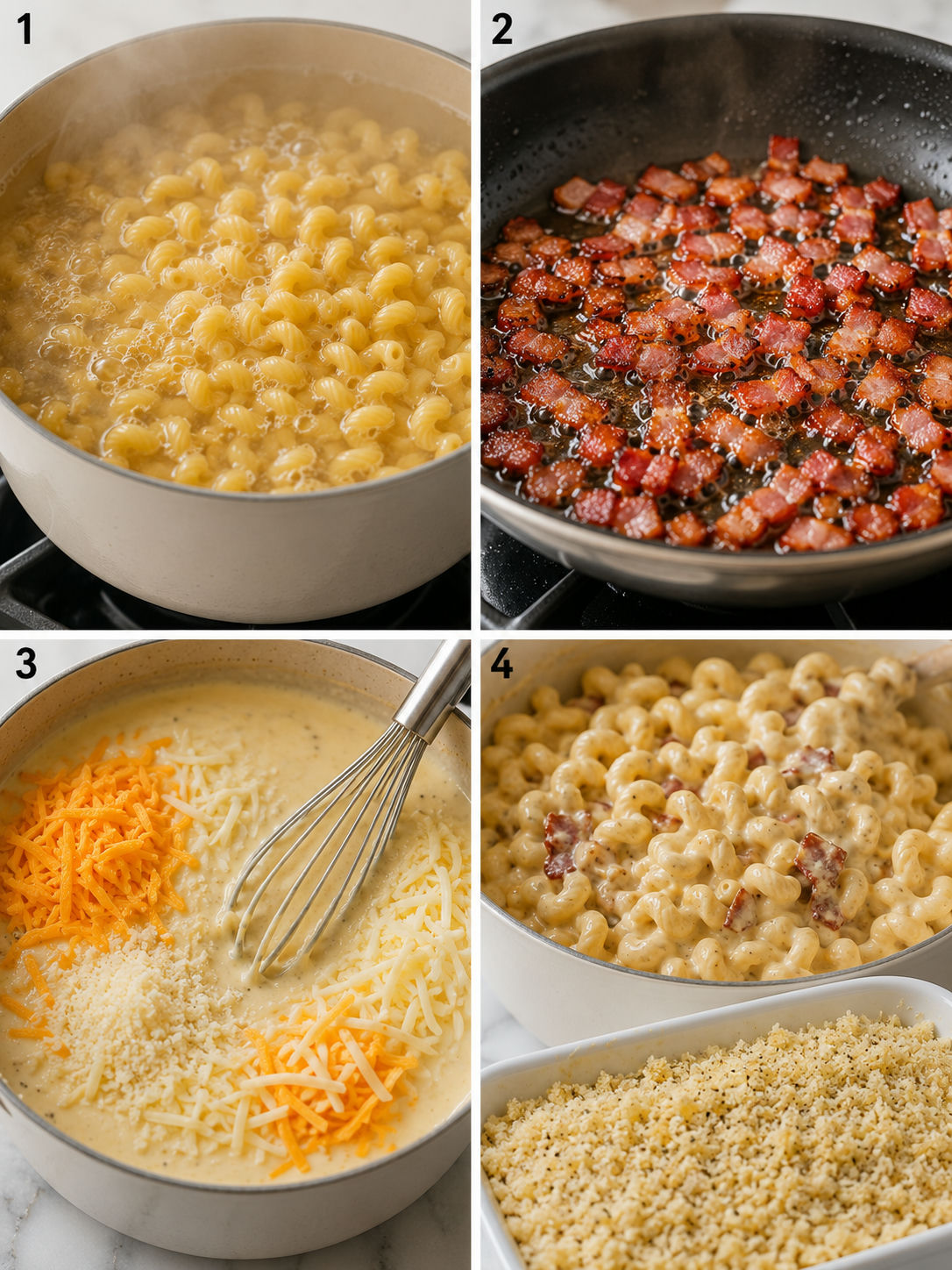 Four cooking steps for five cheese bacon ranch mac and cheese