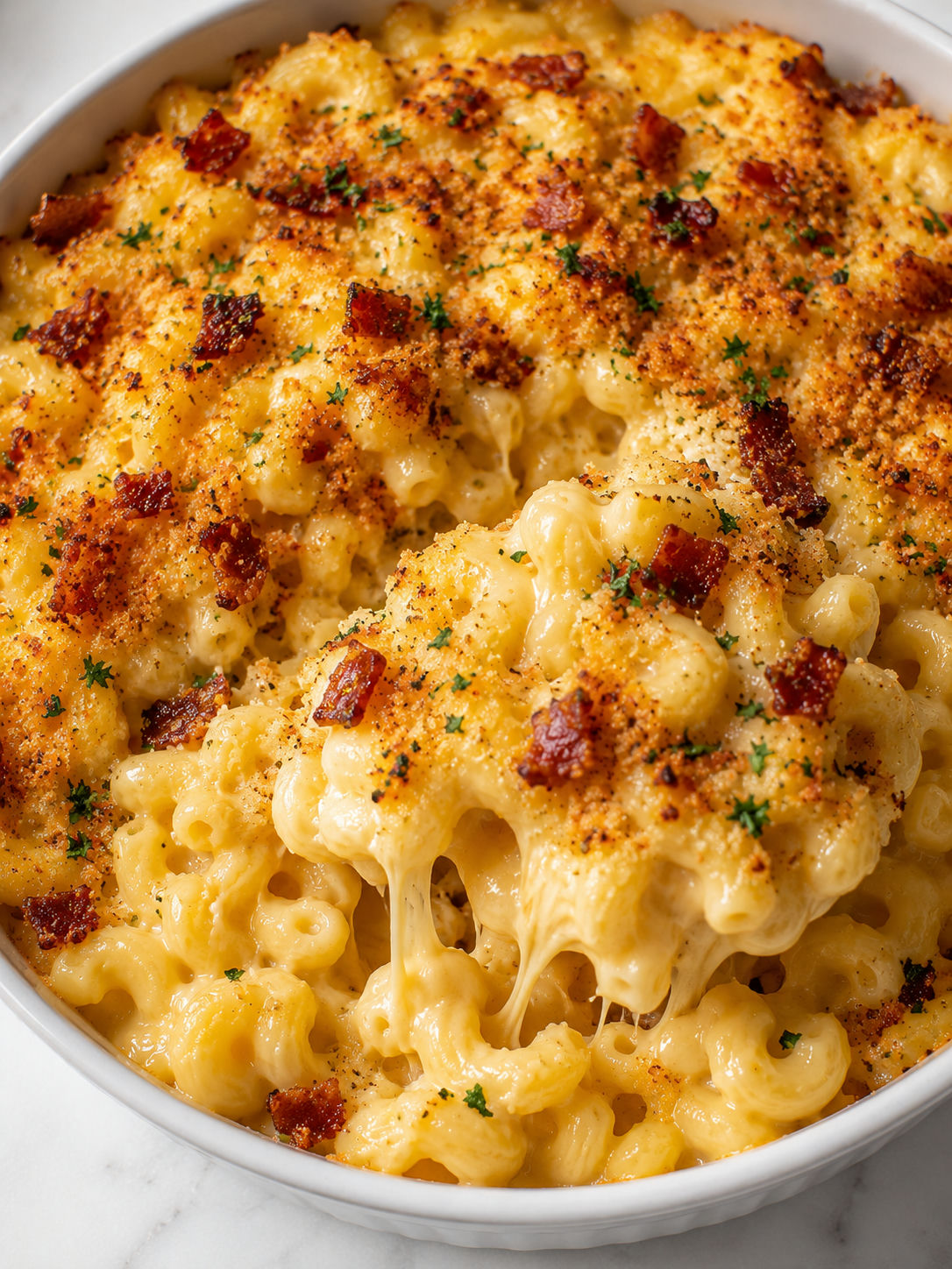 Creamy five cheese bacon ranch mac and cheese with golden topping