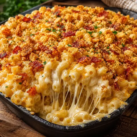 Five cheese crack mac and cheese with bacon and golden cracker topping