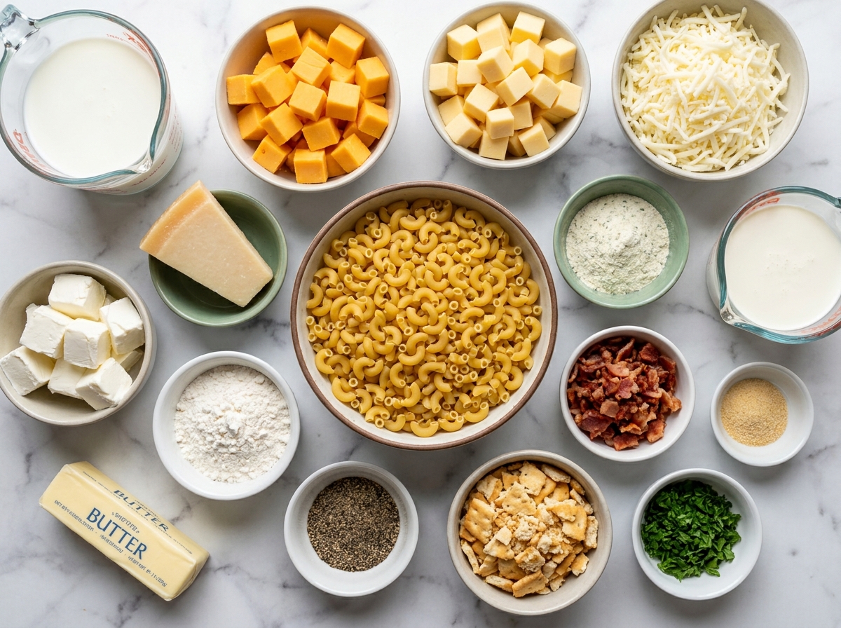 Ingredients for five cheese crack mac and cheese with bacon and crackers