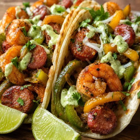 Andouille shrimp tacos with peppers and avocado lime crème