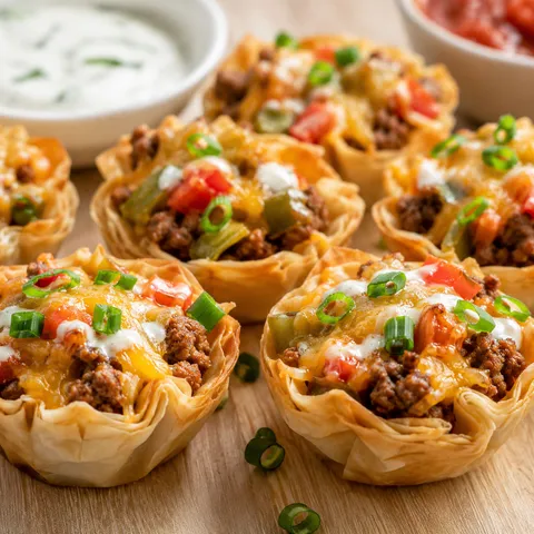 Zesty beef cups with cheddar, ranch, tomatoes, and green onions