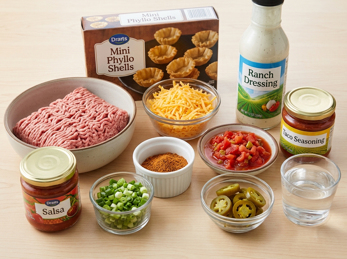 Ingredients for beef ranch cheese phyllo cups on a wooden surface
