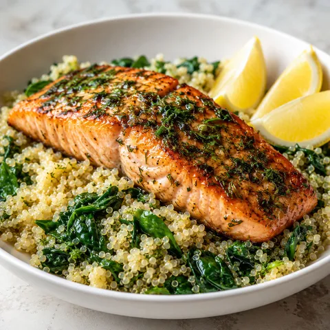 Lemon herb salmon over quinoa and spinach with lemon wedges