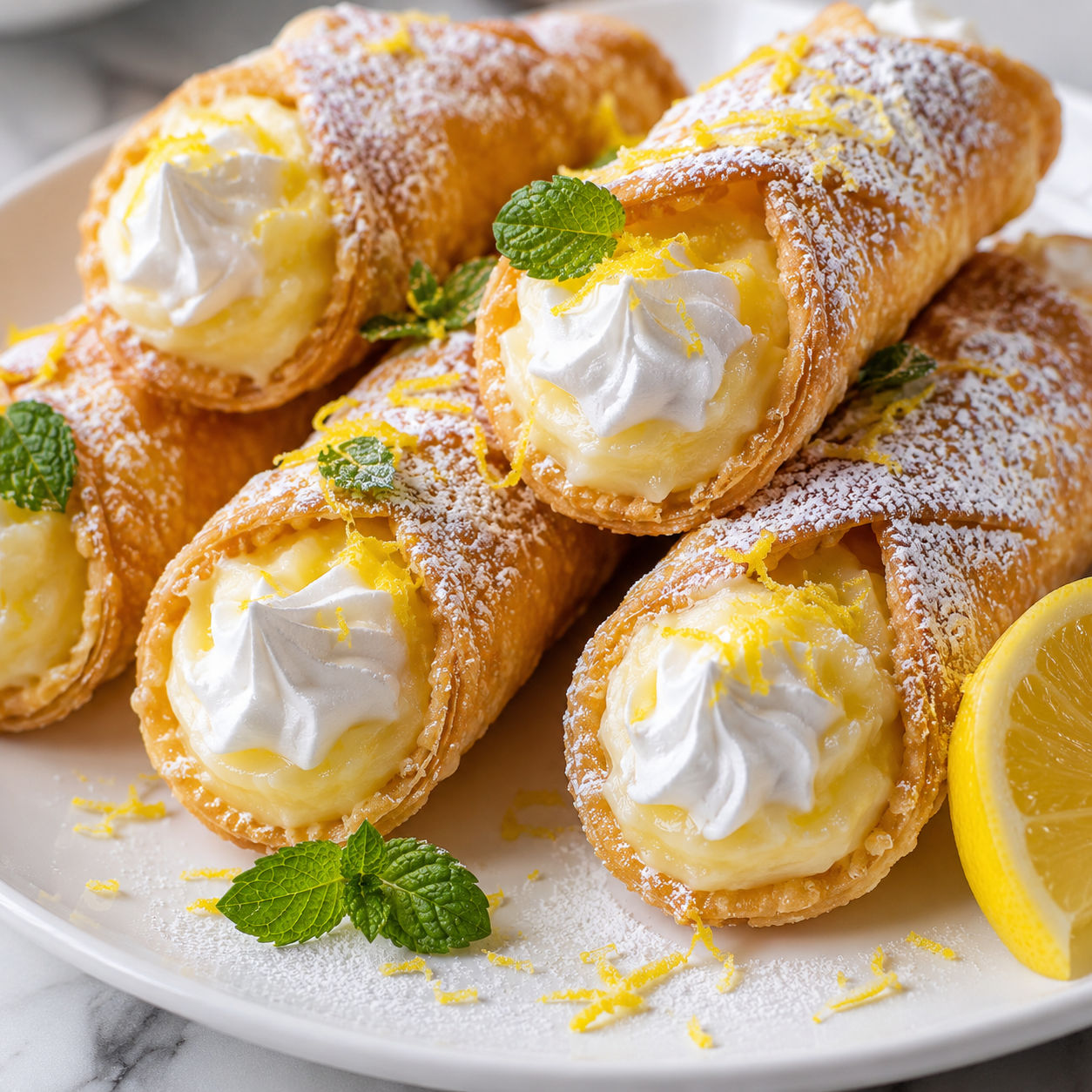 Lemon meringue pie cannolis with powdered sugar and lemon zest