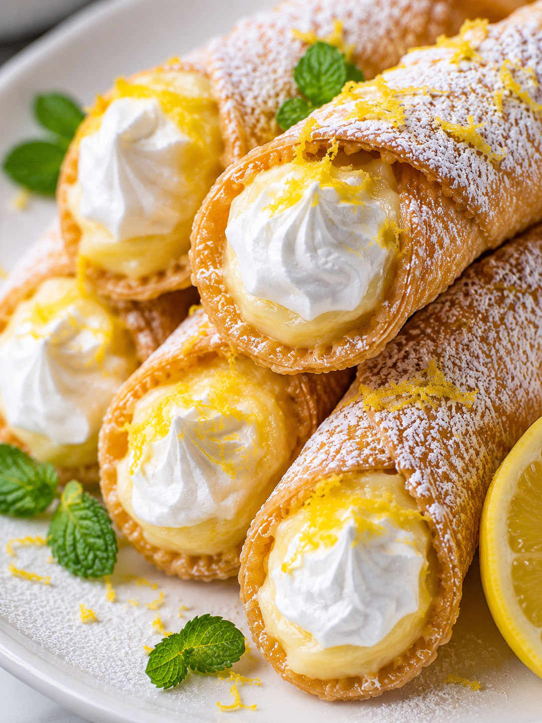 Zesty Lemon Meringue Pie Cannolis, plated and served