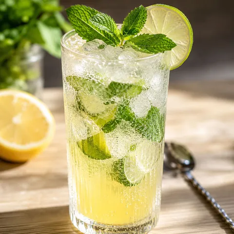 Zesty limoncello mojito with mint, lime, ice, and bubbles