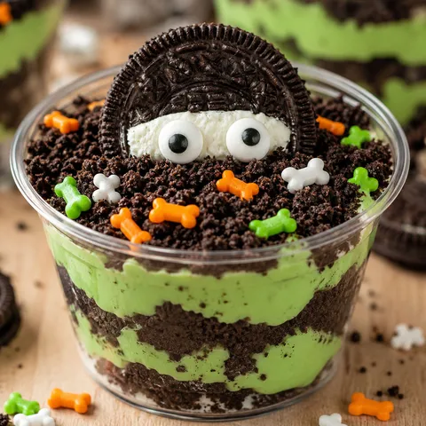 Layered zombie dirt pudding cup with green pudding and mint Oreo dirt topped with a candy eyeball cookie