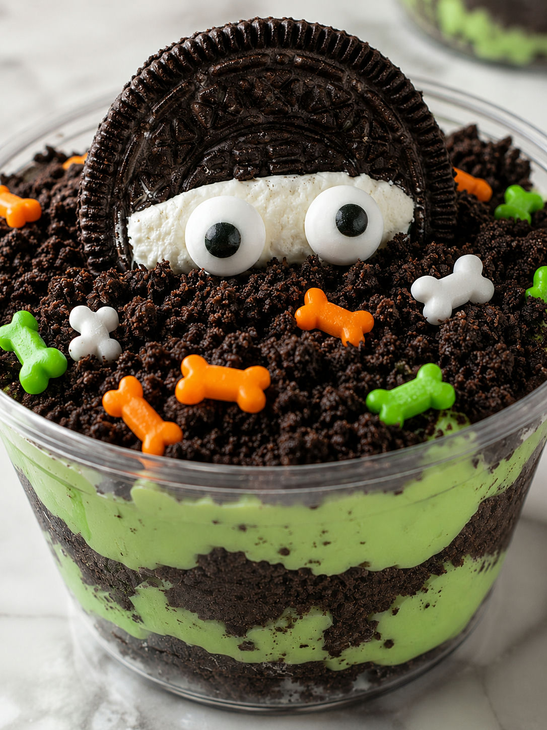 Zombie Dirt Pudding Cups, plated and served